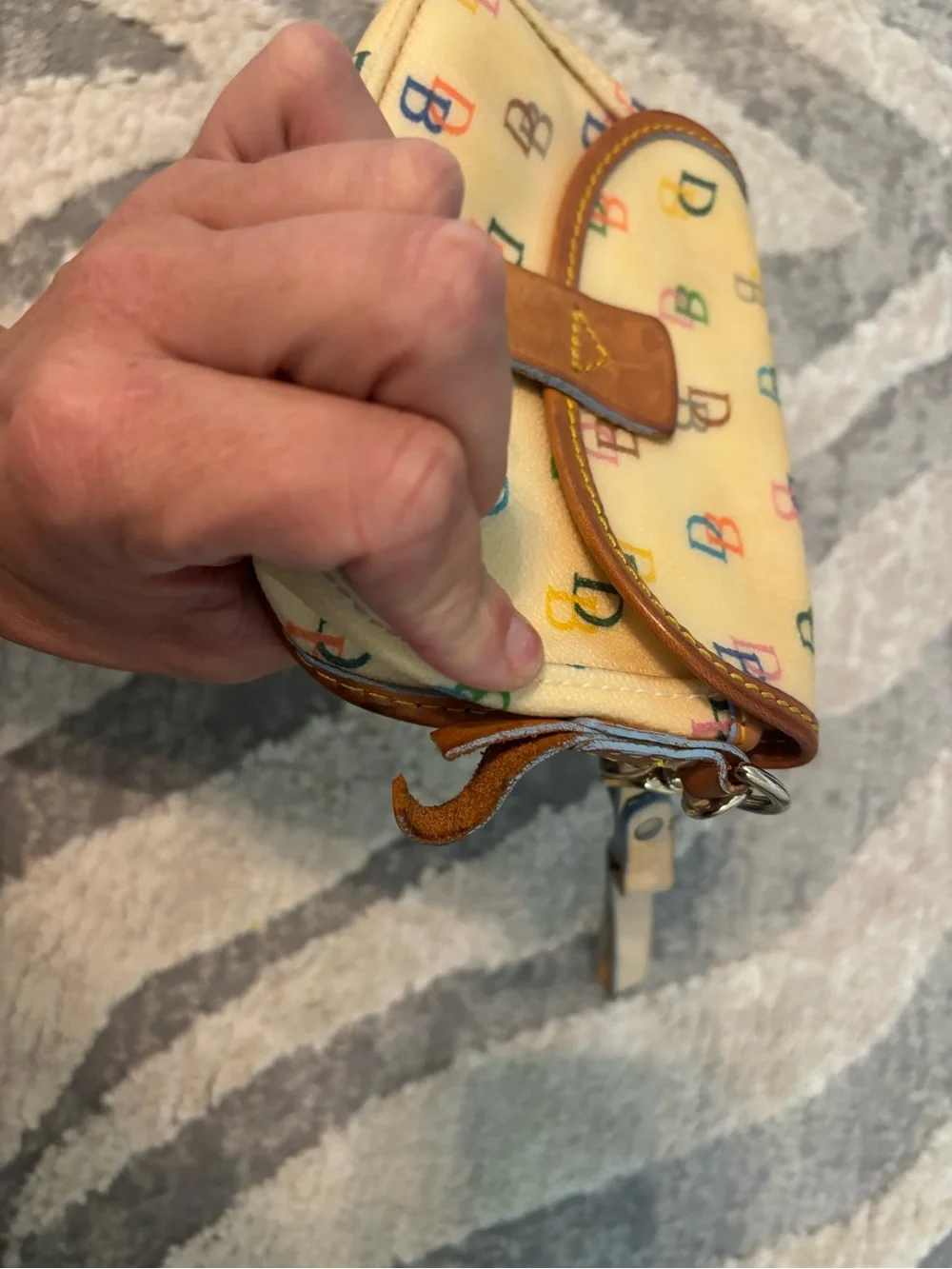 Dooney & Bourke Cream Multicolor Logo Wristlet with Leather Trim